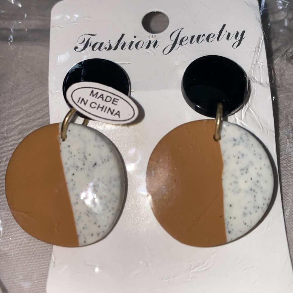 Clay earrings. Black, brown & white w/gray dots. Lightweight. Brand new. NWT
